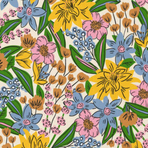 Poplin katoen - grote groen gele bloemen